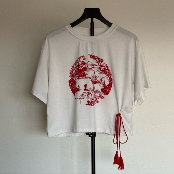 Wai Kei Tops - White Graphic Crop Top with Red Tassel Detail & Chinese Landscape Art
